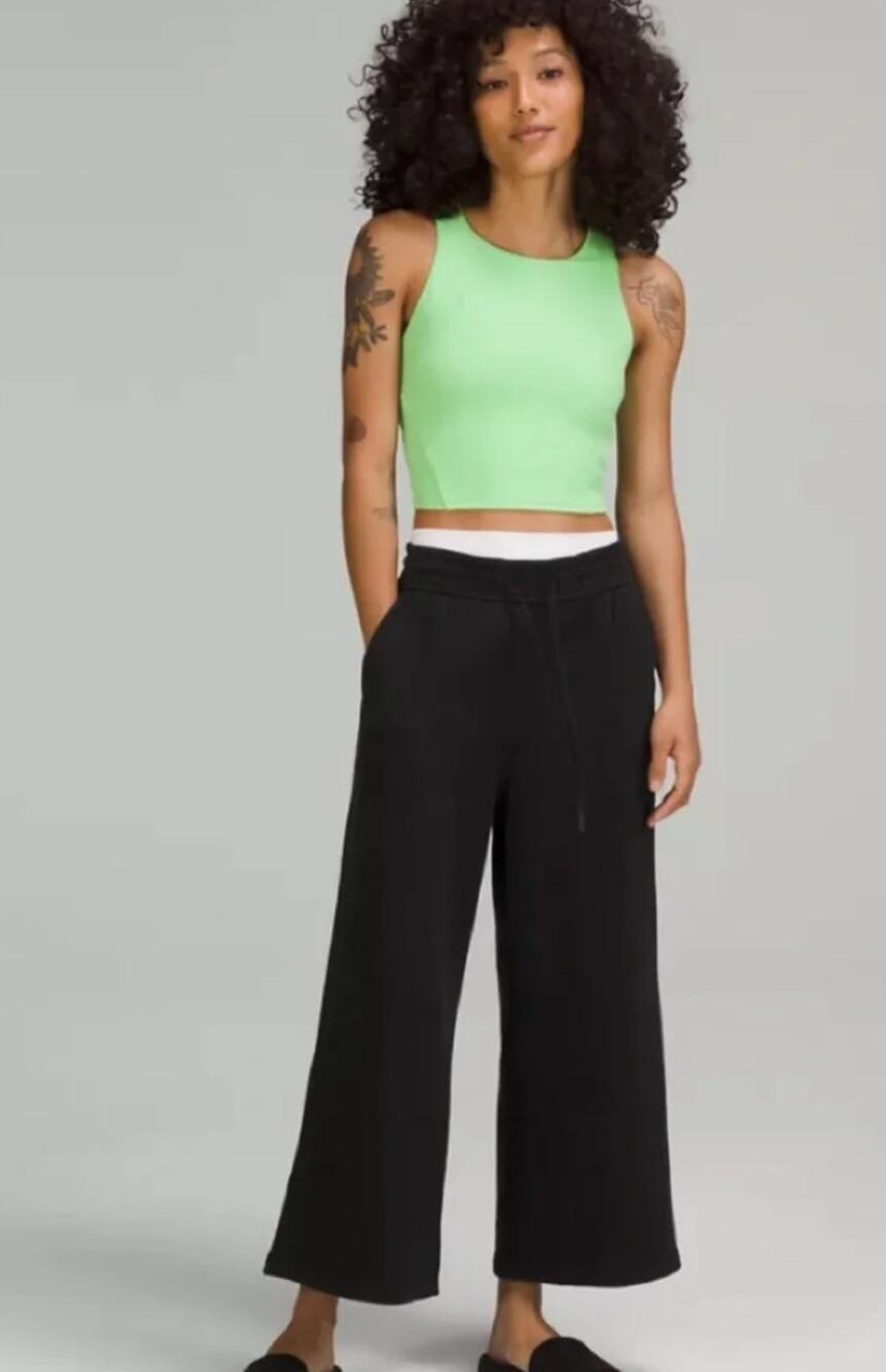 Lululemon Loungeful High Rise Wide Leg Cropped Sweatpants Black Fleece Sz 10